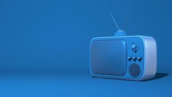 tv retro con antena. ilustración en estilo de dibujos animados, juguete. elegante escena horizontal abstracta mínima, lugar para el texto. color azul clásico de moda. representación 3d foto