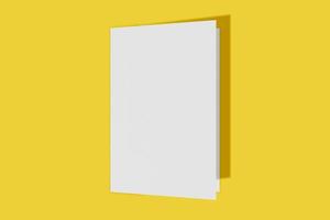 folleto vertical de maqueta, folleto, invitación aislada en un fondo amarillo con tapa dura y sombra realista. representación 3d foto