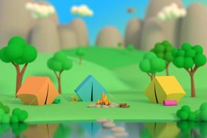 Summer camp in the forest in the afternoon on a background of mountains. Colored tents around the fire. Defocus effect. 3D render photo