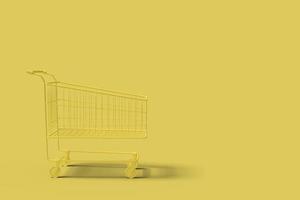 carro de la tienda amarillo sobre una imagen abstracta de fondo amarillo claro. negocio de compras de concepto mínimo. procesamiento 3d foto