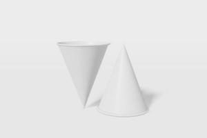 Two paper cups mockup cone shaped on a white background. One of the cups is turned upside down. 3D rendering photo