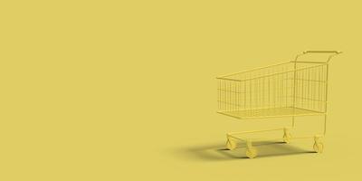 Yellow shop cart on a yellow background abstract image. Minimal concept shopping business. 3D render. photo