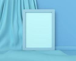maqueta vertical de marco azul sobre una imagen abstracta de fondo de tela azul. negocio de arte conceptual mínimo. procesamiento 3d foto