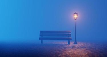 farol de banco de niebla azul del parque nocturno. escena minimalista de dibujos animados surrealistas solitaria, vacía. humo brillante de luz cinematográfica. representación 3d foto