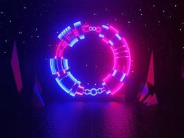 Neon glowing gate, portal, entrance, abstract blue and pink background. 3d rendering. photo