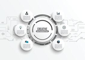 Vector infographic template with 3D paper label, integrated circles. Business concept with 6 options. For content, diagram, flowchart, steps, parts, timeline infographics, workflow, chart.