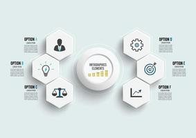 Vector infographic template with 3D paper label, integrated circles. Business concept with 6 options. For content, diagram, flowchart, steps, parts, timeline infographics, workflow, chart.