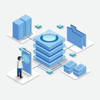 Computation of big data center, information processing, database. internet traffic routing, server room rack isometric vector technology