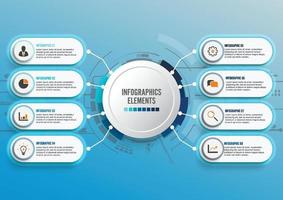 Vector infographic template with 3D paper label, integrated circles. Business concept with 8 options. For content, diagram, flowchart, steps, parts, timeline infographics, workflow, chart.