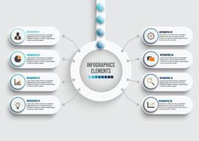 plantilla de infografía vectorial con etiqueta de papel 3d, círculos integrados. concepto de negocio con 8 opciones. para contenido, diagrama, diagrama de flujo, pasos, partes, infografías de línea de tiempo, flujo de trabajo, gráfico. vector