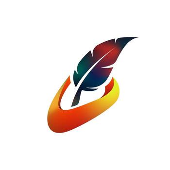 logotipo de medios de plumas. pluma y forma triangular con degradado morado y naranja vector