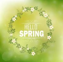 Circle floral frame with text hello spring and bokeh background.Vector vector