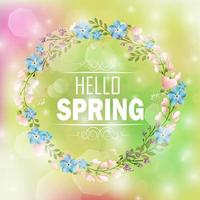 Circle floral frame with text hello spring and bokeh background.Vector vector