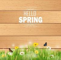 Spring in grass against a wooden background.Vector vector