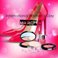 Happy Women's Day background with ladies shoe and cosmetics vector