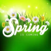 Fresh spring background with grass and flowers vector