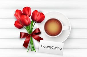 Cup of coffee with red tulips and red ribbon on a white wooden background vector