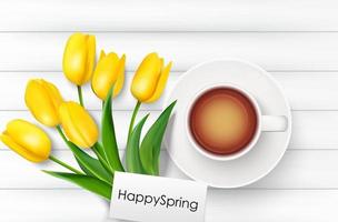 Cup of coffee with yellow tulips and paper on a white wooden background.Vector vector