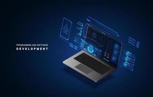 Programming and software development web page banner, program code on screen device. Software development coding process concept. vector