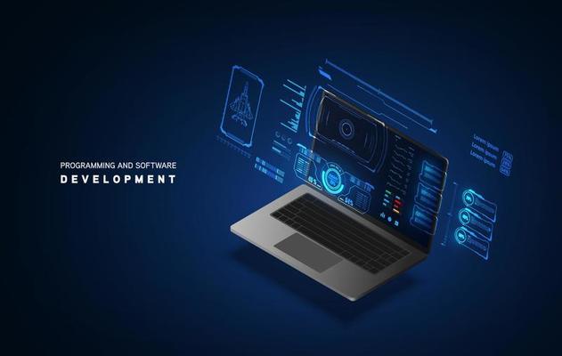 Programming and software development web page banner, program code on screen device. Software development coding process concept.