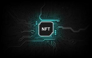 Token NFT text on CPU chip with digital circuit board background. Concept of NFT becomes more popular and well known. Product from crypto currency technology vector