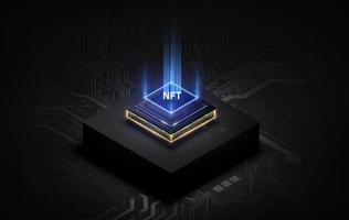 Token NFT text on CPU chip with digital circuit board background. Concept of NFT becomes more popular and well known. Product from crypto currency technology vector