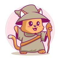 cute wizard cat cartoon illustration vector