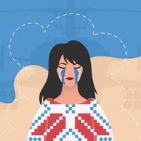The girl sheds tears In an embroidered shirt against the background of the colors of the Ukrainian flag. Poster in support of Ukraine. Cartoon style. vector