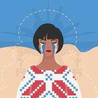 A woman is crying In an embroidered shirt against the background of the colors of the Ukrainian flag. Poster in support of Ukraine. Vector illustration.