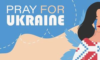 Pray for Ukraine. A girl is crying in an embroidered shirt against the background of the colors of the Ukrainian flag. Poster in support of Ukraine. vector
