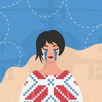 The girl sheds tears In an embroidered shirt against the background of the colors of the Ukrainian flag. Banner in support of Ukraine. Cartoon style. vector