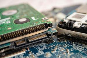 Technician repairing inside of mobile phone by soldering iron. Integrated Circuit. the concept of data, hardware, technology. photo