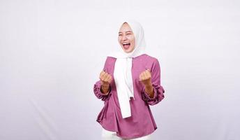 beautiful women hijab celebrate happiness isolated white background photo