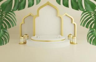 Tropical islamic ramadan greeting cream background with 3d mosque ornament arabic lanterns photo