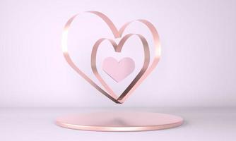 Valentine's Day interior with pedestal, hearts. Stand, podium, pedestal for goods. Love greeting card. 3d photo