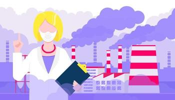 Confused woman doctor in mask against smog. vector