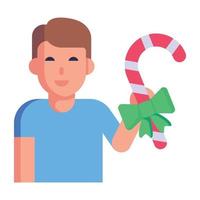 Man holding a candy cane, flat icon vector