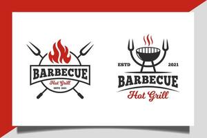 diseño de logotipo de comida de negocios de menú de restaurante de parrilla caliente de barbacoa o barbacoa clásica vintage vector