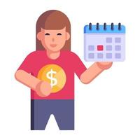 persona con calendario y dinero, icono plano del calendario financiero vector