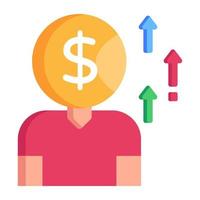 Person with dollar coin and up arrows, flat icon of salary increase vector