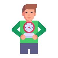 Person holding clock, concept of punctual flat icon vector