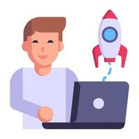 Person and rocket, concept of project launch flat icon vector