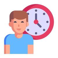 persona con reloj, concepto de icono plano de empleado puntual vector