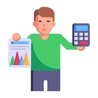 Person holding business report and calculator, flat icon of accountant vector