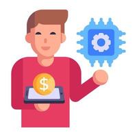 Person with money and microprocessor, flat icon of fintech vector