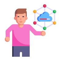 persona que trabaja con la nube, icono plano de transferencia en la nube vector