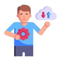 Person working with cloud, flat icon of cloud transfer vector