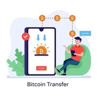 Bitcoin transfer flat illustration, online trading app vector