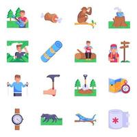 paquete de iconos planos de herramientas de aventura y camping vector