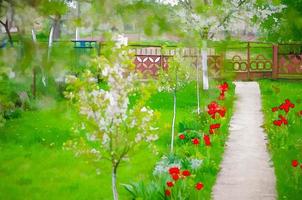 dibujo acuático del patio típico del pueblo con césped verde, camino de cemento, flores rojas, flor de cerezo
